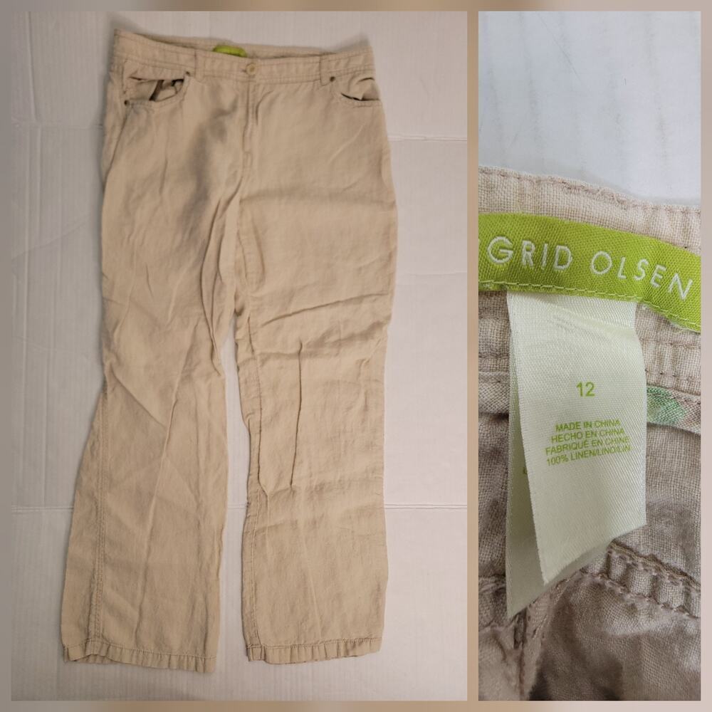 SIGRID OLSEN SZ 12 Women 100% Linen Pants Sand High Rise Wide Leg Coastal Beach